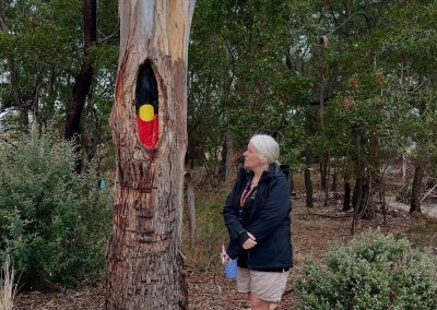 Julie showing us a scar tree. A section of the bark is removed and used to make shields and dishes. The scar is on the south side to shield it from the sun and help the tree recover.